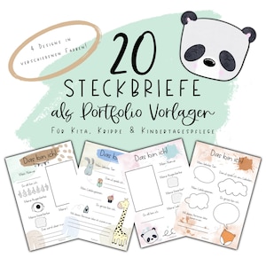 Könnte beinhalten: Ein Set mit 20 druckbaren Portfolio-Vorlagen für Kinder. Die Vorlagen zeigen ein Panda, eine Giraffe, ein Kaninchen und einen Fuchs. Der Text auf den Vorlagen lautet "Das bin ich!" was im Deutschen "Das bin ich!" bedeutet. Die Vorlagen sind für den Einsatz in Kindergarten, Kita und Kindertagespflege gedacht.