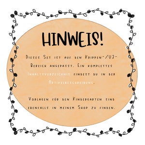 May include: A peach-coloured circle with a black vine border and the text "HINWEIS!" in black. The text below reads "DIESES SET IST AUF DEN KRIPPEN-/U3-BEREICH ANGEPASST. EIN KOMPLETTES INHALTSVERZEICHNIS FINDEST DU IN DER ARTIKELBESCHREIBUNG. VORLAGEN F&Uuml;R DEN KINDERGARTEN SIND EBENFALLS IN MEINEM SHOP ZU FINDEN."