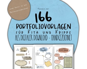 May include: A set of three printable portfolio templates for kindergarten and daycare. The templates are hand-drawn and feature colorful illustrations of a child doing gymnastics, a project with a cloud, and a child interview with a speech bubble.