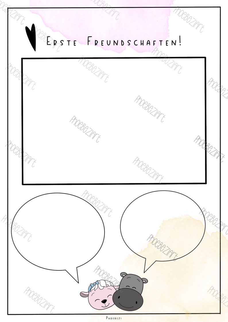 May include: A printable worksheet with a pink and yellow watercolour background. The worksheet has a large blank space for writing and two speech bubbles. The speech bubbles are decorated with a cartoon sheep and a cartoon hippopotamus. The text "Erste Freundschaften!" is at the top of the page.