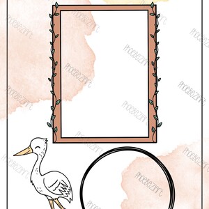 May include: A printable baby milestone card with a watercolour background. The card features a brown frame with green vines, a white stork, and a circle. The text on the card reads "Ich kann schon stehen!" which translates to "I can already stand!"