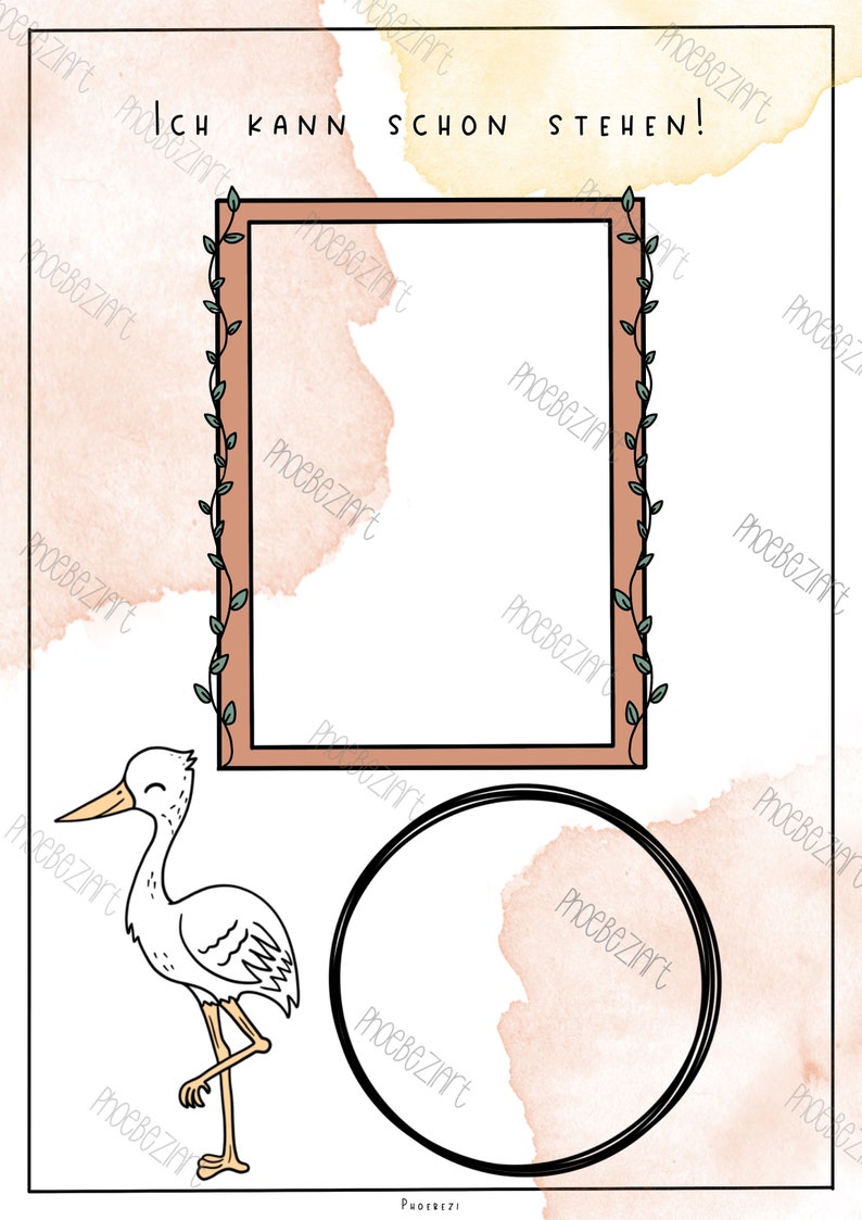 May include: A printable baby milestone card with a watercolour background. The card features a brown frame with green vines, a white stork, and a circle. The text on the card reads "Ich kann schon stehen!" which translates to "I can already stand!"