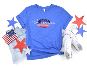 American Flag Lips T-Shirt | Patriotic Lips Shirt | July 4th Shirt | 4th of July Womens Tee | Red White and Blue | USA Independence Day