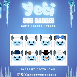 Può includere: Grafica di arte digitale con badge secondari Yeti pixelati in vari stili. I personaggi Yeti hanno diversi accessori, tra cui un papillon, un cappello e un sigaro. Il testo recita "Yeti Sub Badges" e "Instant Download."
