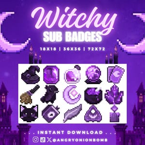 Puede incluir: Gráfico digital con insignias de bruja pixeladas en morado. Las insignias incluyen un sombrero de bruja, botellas de pociones, una bola de cristal, cartas del tarot, una escoba, un cuervo, una luna creciente, un caldero, cristales, un gato negro, un libro de hechizos, una pluma, una plancha y una vela.