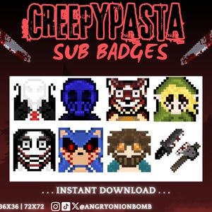Op de afbeelding: Een digitale kunstafbeelding met pixelachtige sub-badges met horrorthema. Het ontwerp bevat verschillende personages en wapens, met de tekst "Creepypasta Sub Badges" in het rood. De onderkant van de afbeelding bevat de tekst "Instant Download".