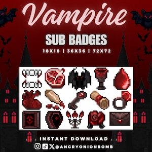 Puede incluir: Gráfico digital con la palabra "Vampire" y "SUB BADGES". La imagen presenta iconos de pixel art con temas de vampiros, incluyendo murciélagos, colmillos y un ataúd. El fondo es de color rojo oscuro, con siluetas de castillos y murciélagos.