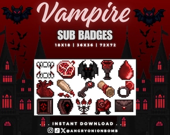 Vampire Twitch Sub Bit Badges for Streaming | [15] Pixel Badges halloween emo vampire blood alternative gothic spooky crimson red rose