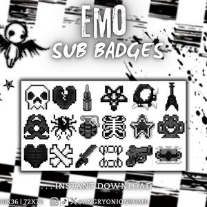 Könnte beinhalten: Schwarz-weiße digitale Kunst mit pixeligen Emo-Sub-Badges. Die Badges zeigen einen Totenkopf, ein zerbrochenes Herz, ein Pentagramm, eine Gitarre, eine Spinne, eine Granate und andere Symbole. Der Text "EMO SUB BADGES" ist oben zu sehen.