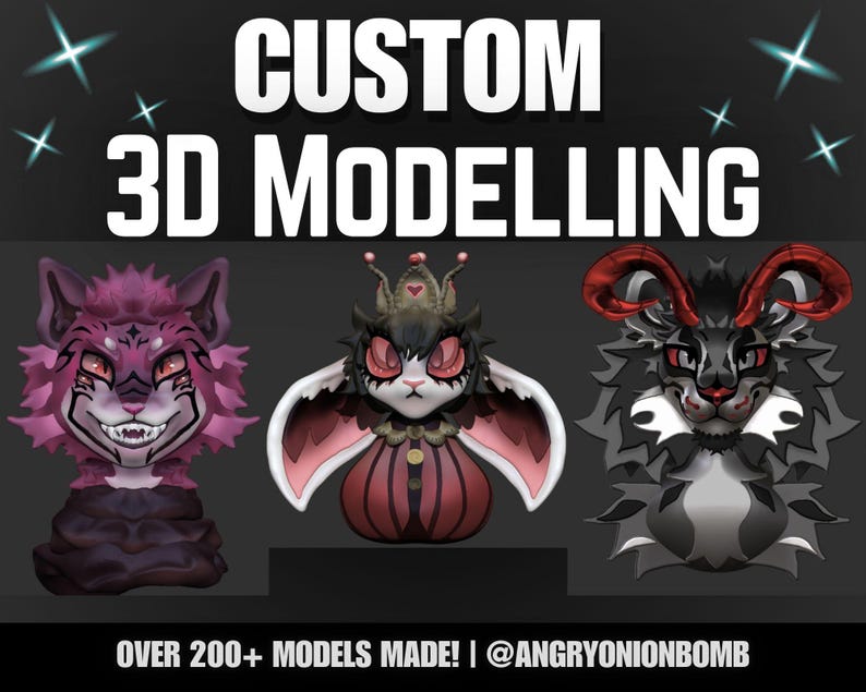 Pu&ograve; includere: Un grafico digitale con il testo CUSTOM 3D MODELLING in alto e OVER 200+ MODELS MADE! | @ANGRYONIONBOMB in basso. Sono mostrati tre busti di personaggi 3D stilizzati: un felino rosa, una creatura oscura con una corona e una bestia cornuta.