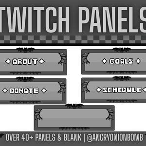 May include: A collection of Twitch panels in grayscale, featuring bat wing designs. Panels include "About," "Goals," "Donate," and "Schedule," with a blank panel option. The text "Twitch Panels" is at the top.