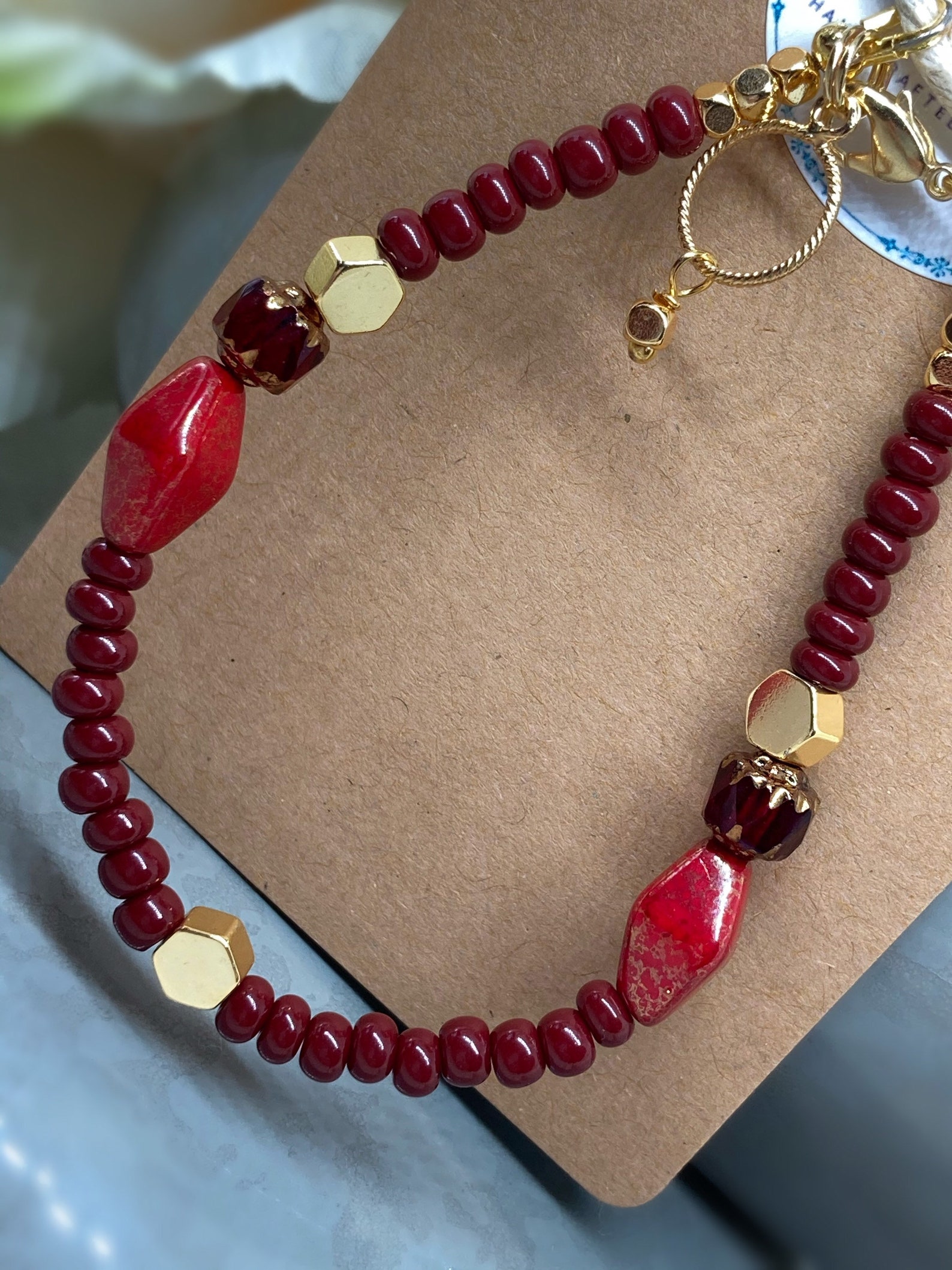 Ox blood red Preciosa and gold plated hexagonal beaded | Etsy