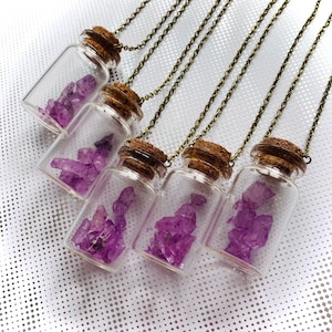 May include: Six glass bottle necklaces with cork stoppers and bronze chains. Each bottle contains small purple crystals.