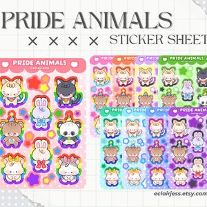 Pode incluir: Uma coleção de folhas de adesivos Pride Animals com gatos, coelhos, ursos e pandas desenhados. Cada folha exibe personagens coloridos com chapéus de festa, laços e detalhes de arco-íris. O texto PRIDE ANIMALS STICKER SHEETS é visível.