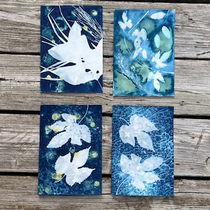 4 original Cyanotype prints, Blue dyed paper, Set of botanical prints, Cyanotype wall art, Blue leaves print