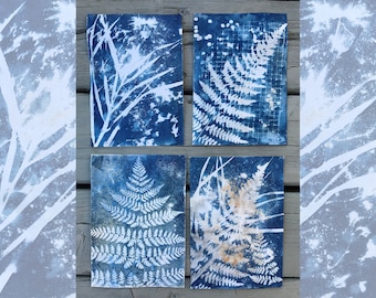 Set of 4 Original cyanotype prints, Botanical cyanotype art, Nature wall decor, Leaves art, Fern print