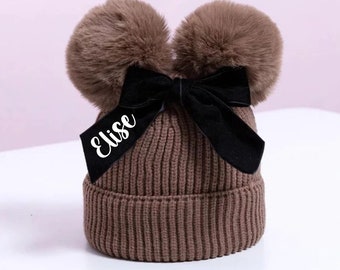 Girls Brown Pom Pom Hat, Personalised Hat, Double Bobble Hat, Toddler Christmas Gift, Knitted Winter Hat With Bow, Ireland, Irish