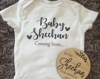 Pregnancy Announcement Set | New Baby | Personalised Baby Vest | Wooden Disc | Any Text | Personalised Gift | Baby Boy | Baby Girl