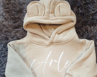 BEIGE Personalised Childrens Bear Hoodie Name | Kids | Ireland | Irish | Jumper | Baby | Toddler | Gift | Custom