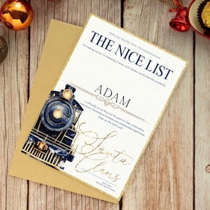 May include: A rectangular certificate titled THE NICE LIST with Official North Pole Documentation text. It features a dark blue and gold steam locomotive illustration, the name ADAM, and a gold script signature of Santa Claus on a gold-edged card.