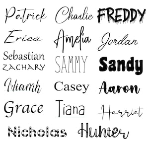 Op de afbeelding: Een zwart-wit afbeelding met een lijst met namen die in verschillende stijlen zijn geschreven. De namen omvatten Patrick, Charlie, Freddy, Erica, Amelia, Jordan, Sebastian, Zachary, Sammy, Sandy, Niamh, Casey, Aaron, Grace, Tiana, Harriet, Nicholas en Hunter.