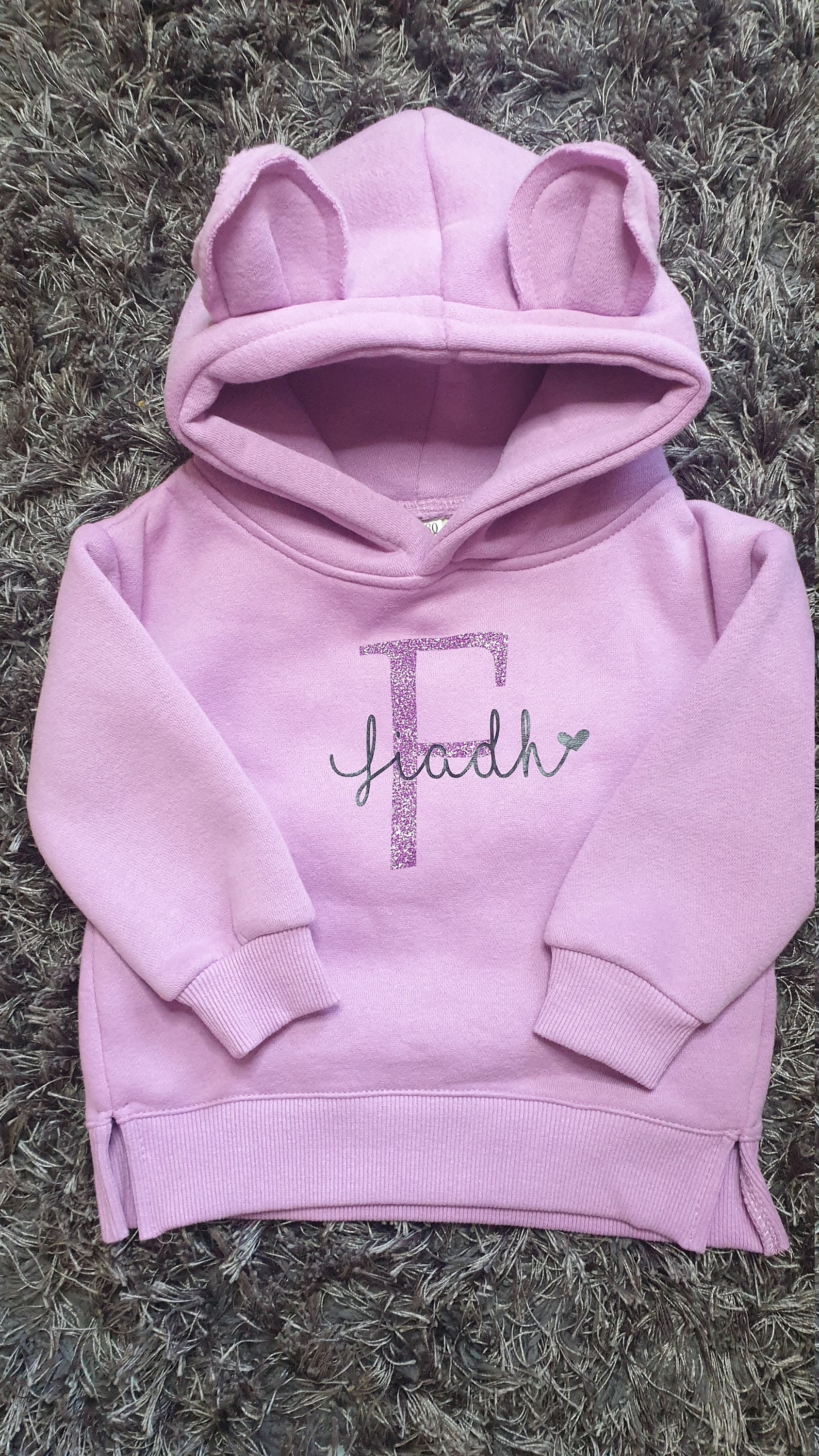 Lilac Personalised Childrens Bear Hoodie Name and Initial Kids