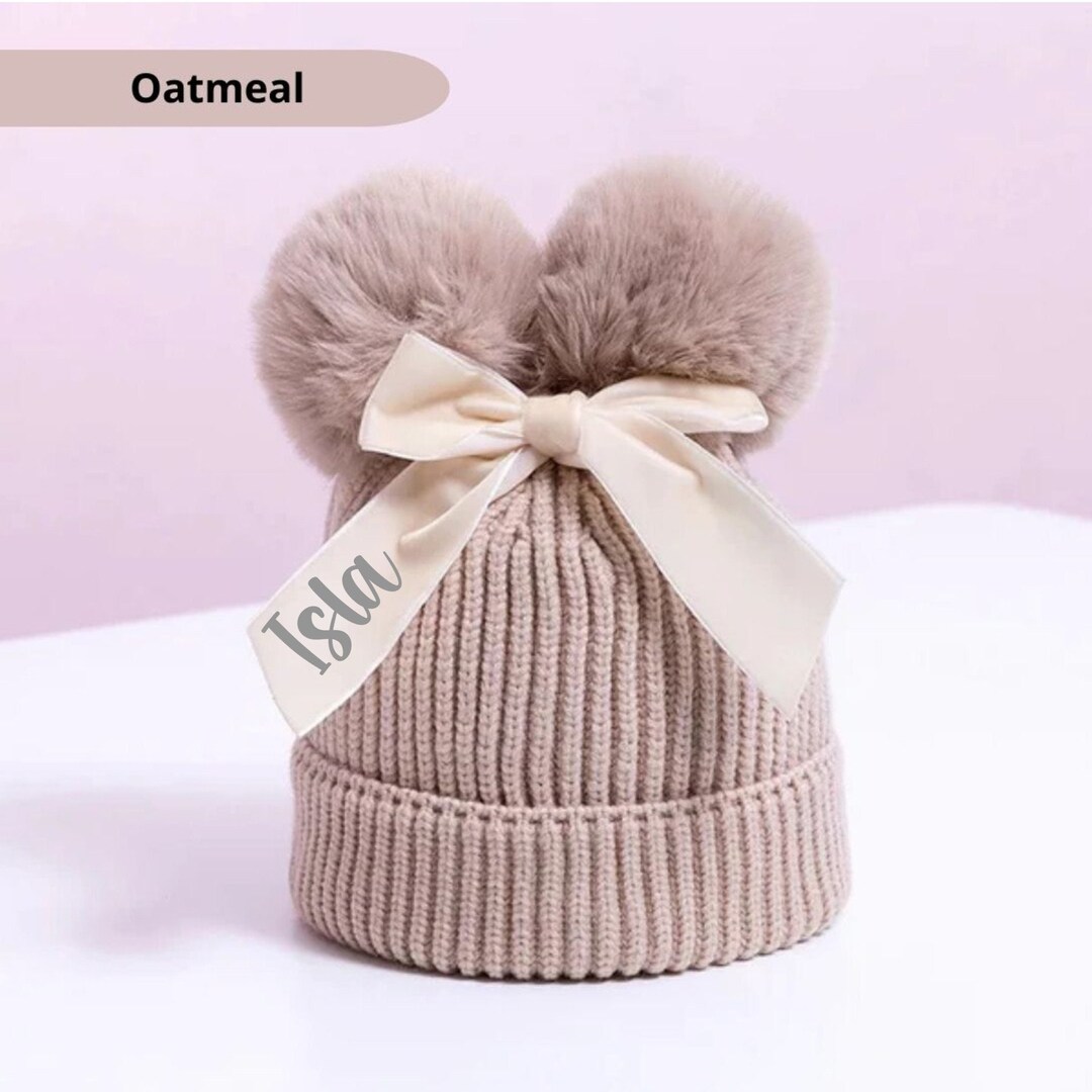 Girls Cream Pom Pom Hat, Personalised Hat, Double Bobble Hat, Toddler Christmas Gift, Knitted