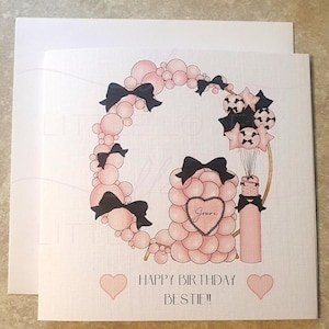 Carte d'anniversaire personnalisée Bestie, carte meilleur ami, ballons roses et noirs, noeuds et thème ballons, carte d'anniversaire pour filles, Irlande, irlandais