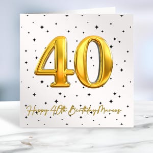 パーソナライズされた誕生日カード、名前と番号の誕生日カード、黒と金、30歳、40歳、60歳のシンプルな誕生日カード、カスタム名、アイルランド、アイルランド語