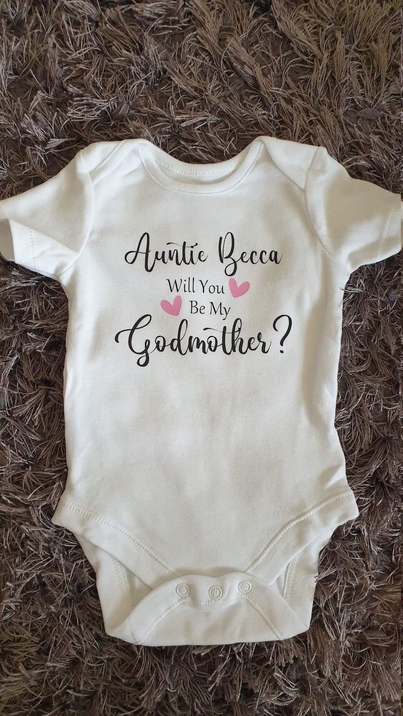 Will You Be My Godmother Baby Vest Personalised Baby Vest Bodysuit Any Text Personalised Baby Boy Baby Girl Christening zdjęcie 1