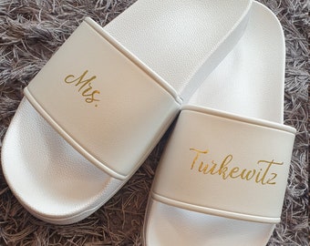 Personalisierte Braut Weiße Schieber | Hochzeit Sandalen | Flip Flops | Sommer | Schuhe | Flitterwochen | Braut Geschenk | Irisch| Irland