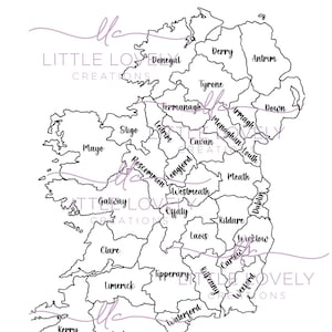 Puede incluir: Un mapa en blanco y negro de Irlanda, con los nombres de los condados. El texto "2026 Sales By County" está en la parte superior. Las palabras "Little Lovely Creations" también están presentes.