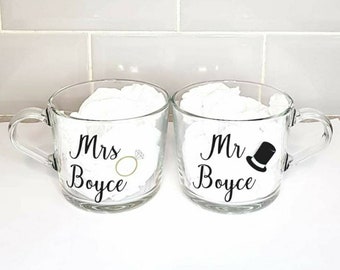 Engagement Gift, Wedding Gift, Mr & Mrs Personalised Tea Coffee Glasses, Wedding Present, Couples Mugs, His and Hers, Ireland, Irish