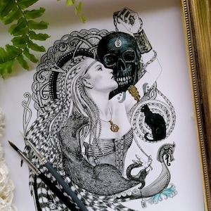 Norse Mythology Wall Art | Pagan & Gothic Home Decor l Freya | A3 Print | Norse Goddess | Viking Poster | Freya Name Gift | Black Cat Art