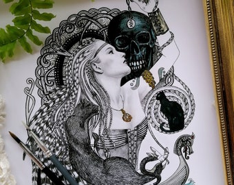 Norse Mythology Wall Art | Pagan & Gothic Home Decor l Freya | A3 Print | Norse Goddess | Viking Poster | Freya Name Gift | Black Cat Art