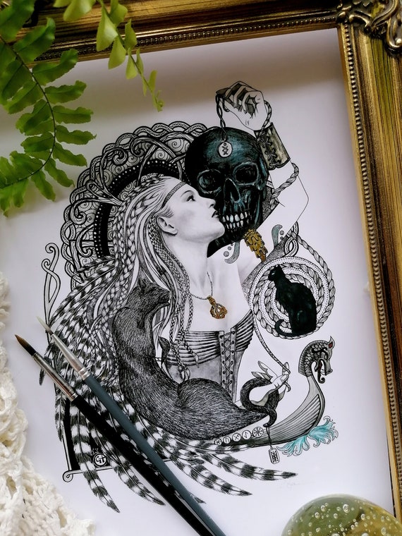 Norse Mythology Wall Art | Pagan & Gothic Home Decor l Freya | A4 Print | Norse Goddess | Viking Poster | Freya Name Gift | Black Cat Art
