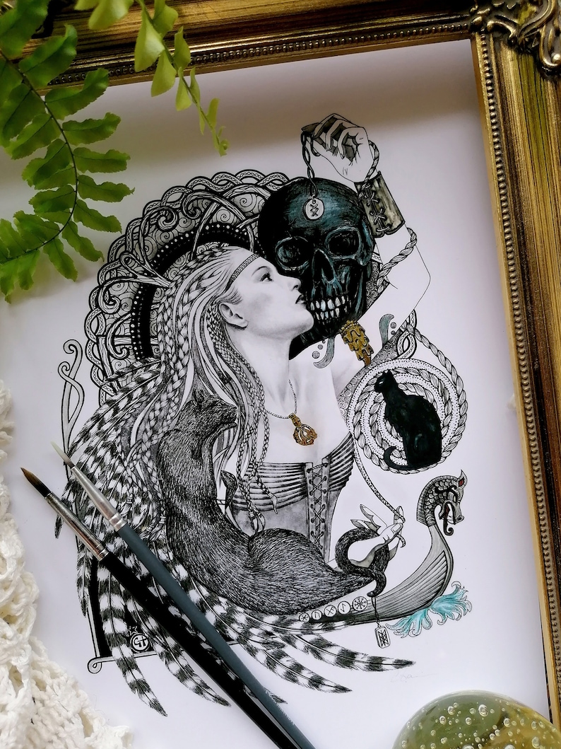 May include: A black and white illustration of a woman with long hair, holding a skull in one hand and a black cat in the other. She is wearing a corset and a necklace with a pendant. The background is filled with intricate patterns and symbols.