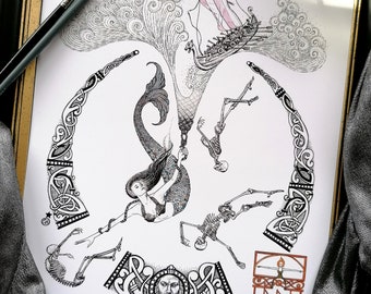 Ran | A4 Giclée Print | Norse Sea Goddess | Mermaid Art | Gothic Nautical Wall Art | Mermaid Gift | Norse Mythology | Knotwork Illustration