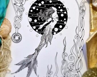 El Mar Enhebrado – Lámina artística de sirena gótica / Arte mural de mitología de sirenas / Ilustración de nudos Art Nouveau / Decoración oceánica de fantasía / Lámina A3