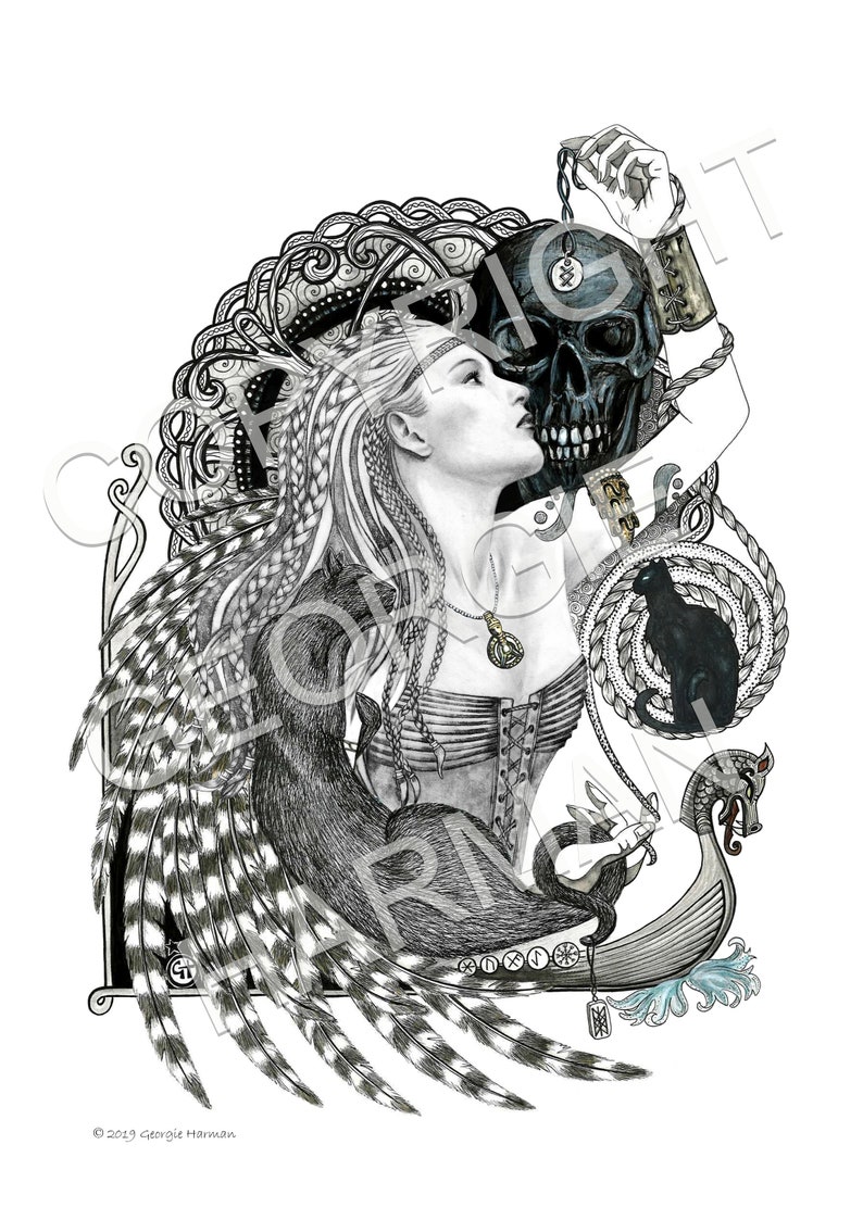 May include: A black and white illustration of a woman with long braided hair, wearing a necklace and a corset. She is holding a skull with a chain attached to it. The skull has a rune symbol on its forehead. A black cat and a Viking ship are also in the image.