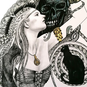 May include: A black and white illustration of a woman with long braided hair wearing a corset and a necklace with a pendant. She is holding a skull with a chain attached to it. A black cat is sitting in the background.