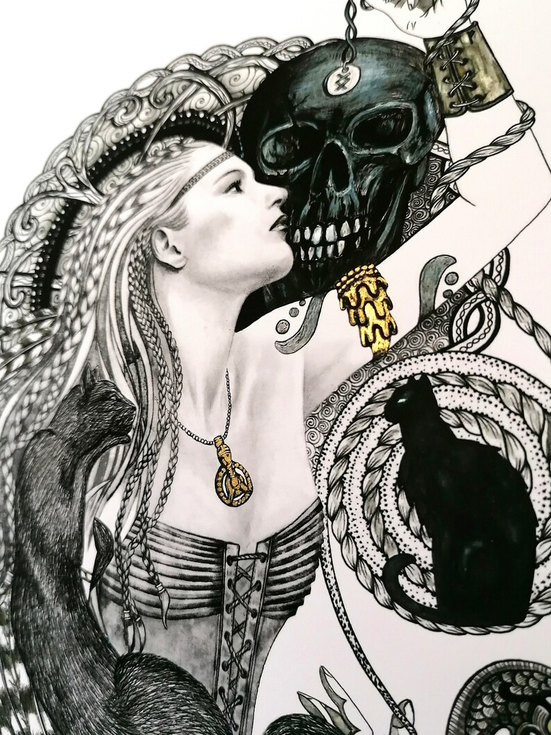 May include: A black and white illustration of a woman with long braided hair wearing a corset and a necklace with a pendant. She is holding a skull with a chain attached to it. A black cat is sitting in the background.