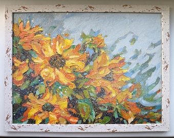 Origineel kunstwerk met zonnebloemen, schilderij van Toscaanse bloemen, bloemenimpasto, zonnebloemvelden, handgemaakte zomerbloemen, landschap, zonnebloemkunst