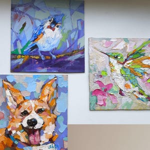 Paquete de animales enmarcados originales, pintura de aves, colibrí original, obra de arte de perro corgi, retrato de mascota empastada, arte de granja, regalo único