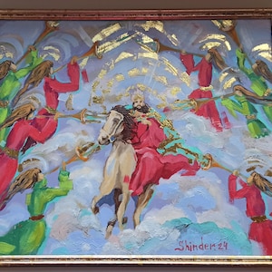 Jesús original enmarcado, pintura de la venida de Cristo, obra de arte cristiana moderna, arte de Dios dorado, ángeles del cielo originales, pintura del cielo, regalo