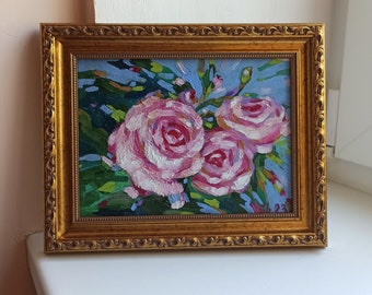 Peinture à l’huile de fleurs de roses, peinture florale, illustration de rose rose, art mural, mini œuvre d’art, faite à la main par Lana