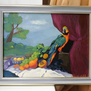 Naturaleza muerta de loro enmarcada, frutas de cocina originales, obra de arte de loro, pintura de aves, arte de frutas, arte de comida, decoración de pared con animales, un regalo ideal.