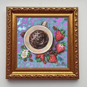 Tazza da caffè del mattino Originale dipinto di fragole e caffè Cibo Natura morta Arte murale da cucina Espresso Opera d'arte Bar del caffè Amanti dell'arte Regalo di caffè