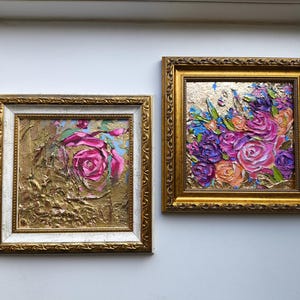 Pintura al óleo de rosas, Impasto de flores amantes, rosa rosa original, arte de pared abstracto de oro, obras de arte finas texturizadas, floral hecho a mano, regalo para ella