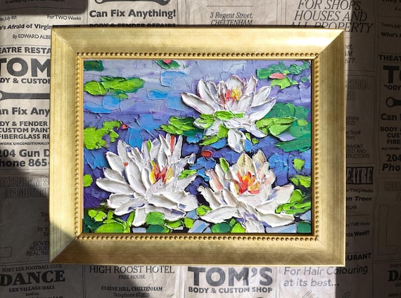 Water Lilies Original Framed, Flowers Impasto Painting, Lotus Flower Artwork, Still life, Textured Blossoms Art, Modern Handmade